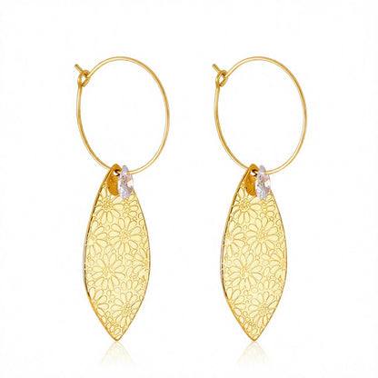 Crystal and 18K Gold-Plated Leaves Floral Drop Earrings, gold huggie earrings, dainty minimalist design, side view