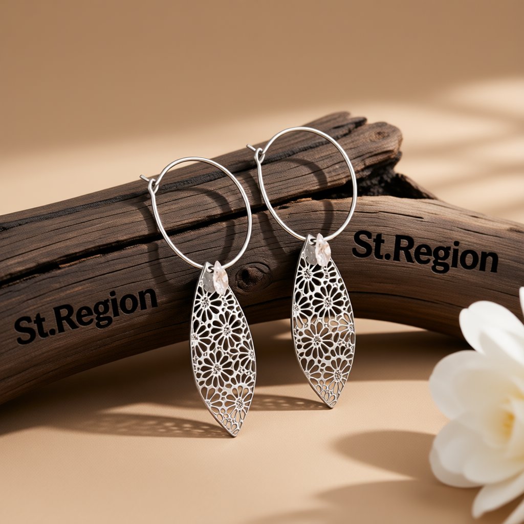 Crystal and Silver-Plated Leaves Floral Drop Earrings, silver drop earrings for women, vintage-inspired design, front view