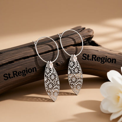 Crystal and Silver-Plated Leaves Floral Drop Earrings, silver drop earrings for women, vintage-inspired design, front view