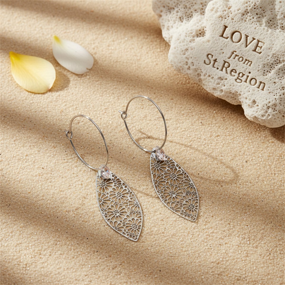 Crystal and Silver-Plated Leaves Floral Drop Earrings, silver drop earrings for women, lifestyle look