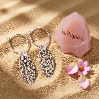 Crystal and Silver-Plated Leaves Floral Drop Earrings, silver drop earrings for women, detail close-up