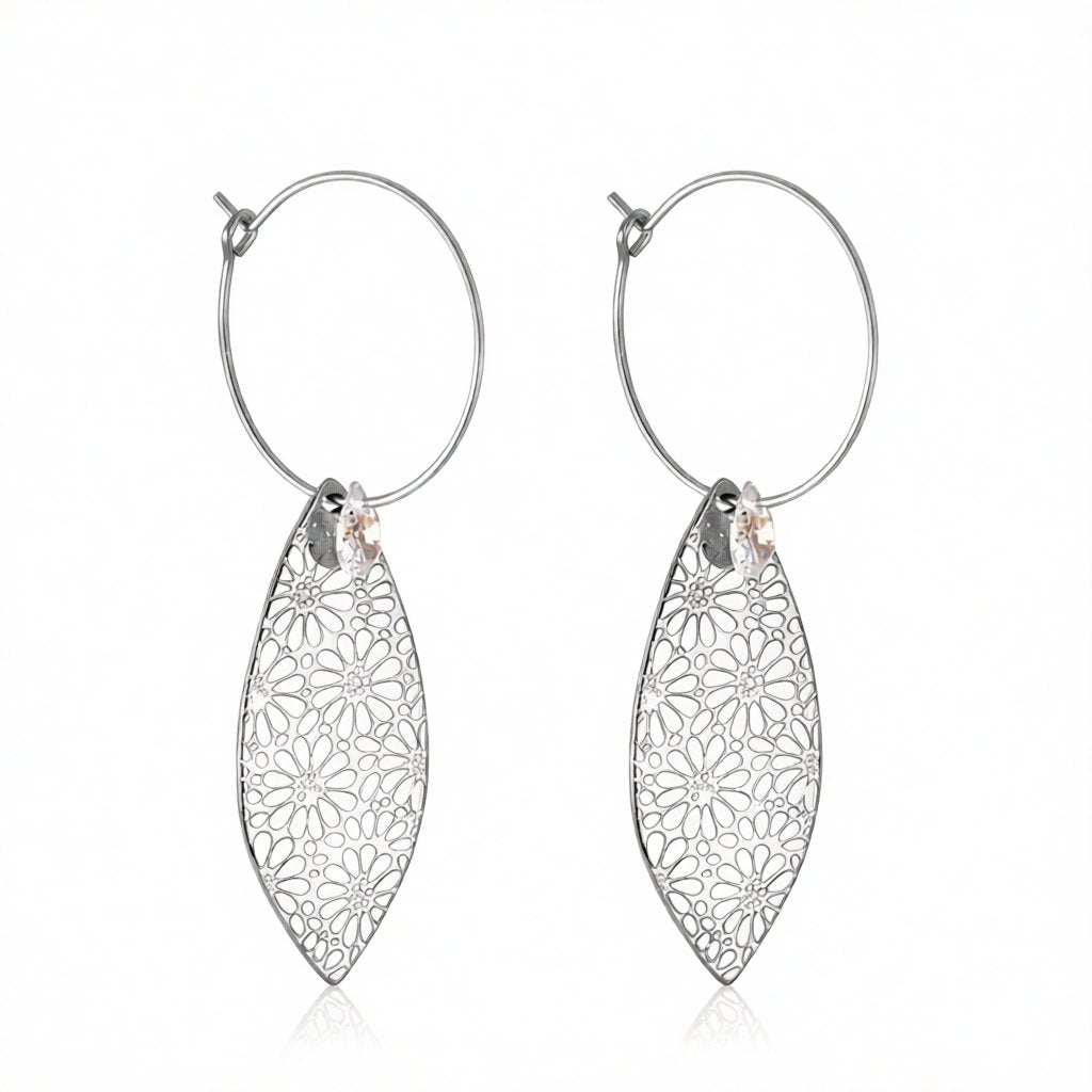 Crystal and Silver-Plated Leaves Floral Drop Earrings, silver drop earrings for women, vintage-inspired design, side view