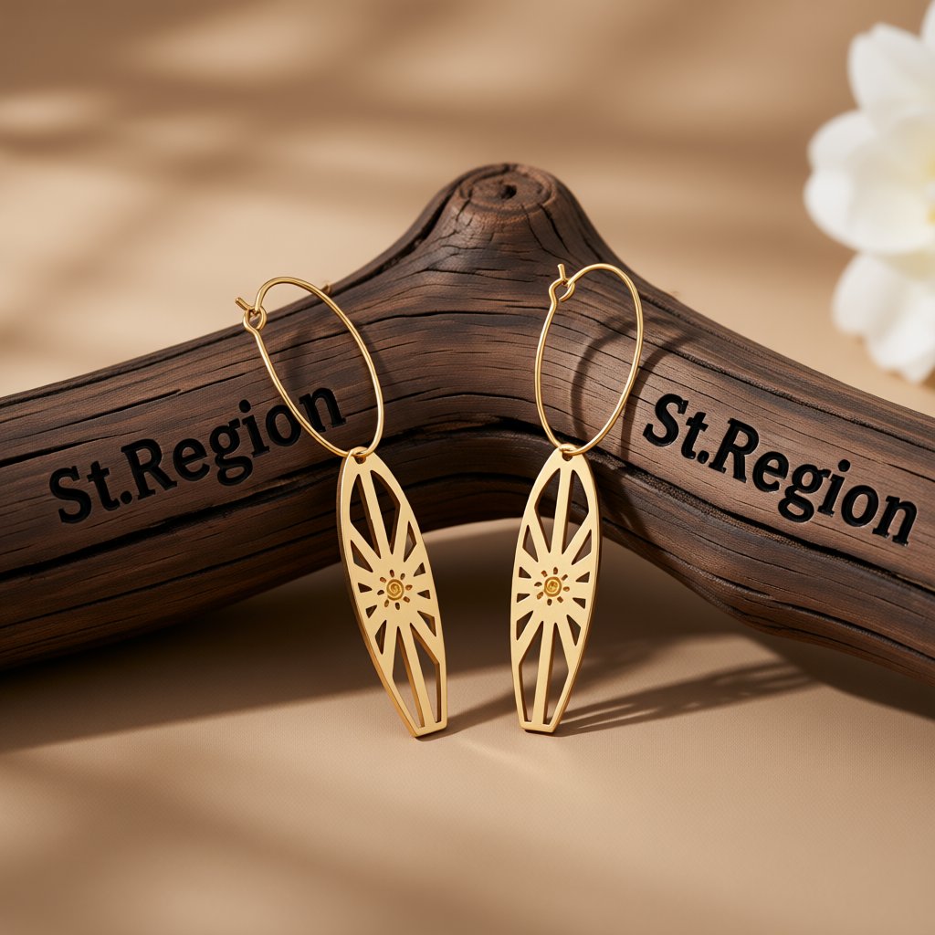 Enamel and 18K Gold-Plated Sun Surfboard Drop Earrings, gold huggie earrings, elegant gift for her, front view