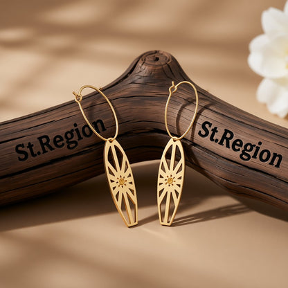 Enamel and 18K Gold-Plated Sun Surfboard Drop Earrings, gold huggie earrings, elegant gift for her, front view