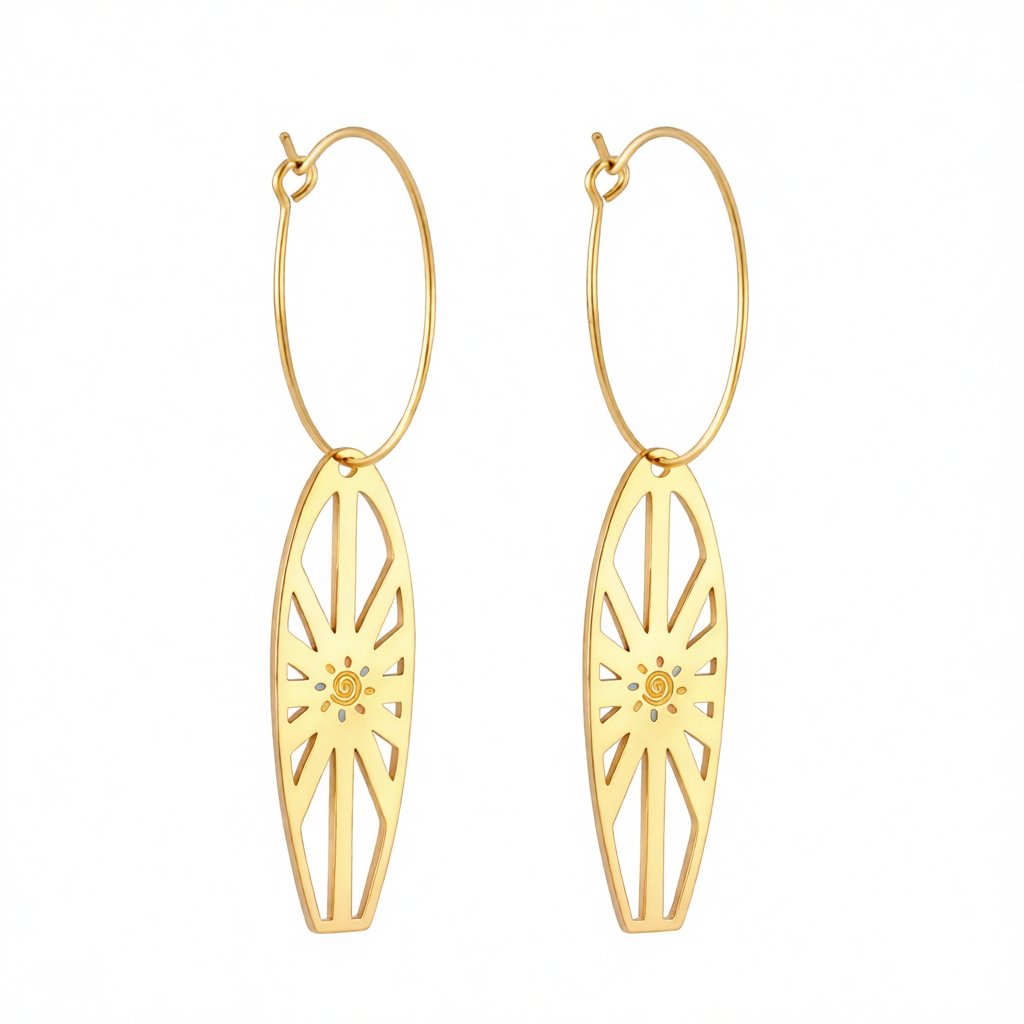 Enamel and 18K Gold-Plated Sun Surfboard Drop Earrings, gold huggie earrings, elegant gift for her, side view