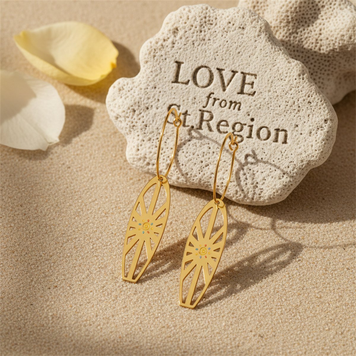 Enamel and 18K Gold-Plated Sun Surfboard Drop Earrings, gold huggie earrings, elegant gift for her, lifestyle look