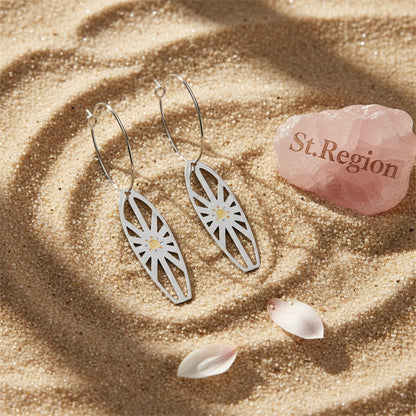 Enamel and Silver-Plated Sun Surfboard Drop Earrings, silver huggie earrings, botanical inspired, detail close-up