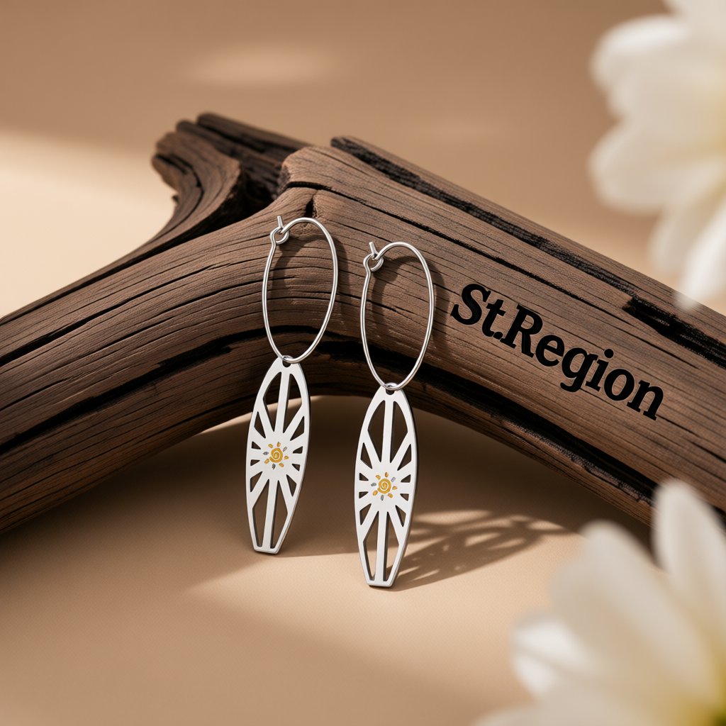 Enamel and Silver-Plated Sun Surfboard Drop Earrings, silver huggie earrings, botanical inspired, front view