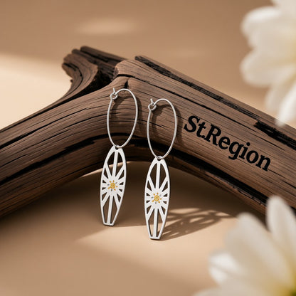 Enamel and Silver-Plated Sun Surfboard Drop Earrings, silver huggie earrings, botanical inspired, front view