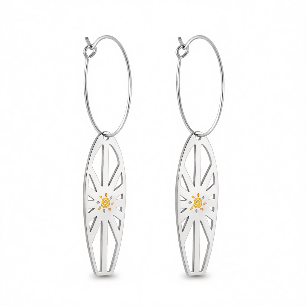 Enamel and Silver-Plated Sun Surfboard Drop Earrings, silver huggie earrings, botanical inspired, side view