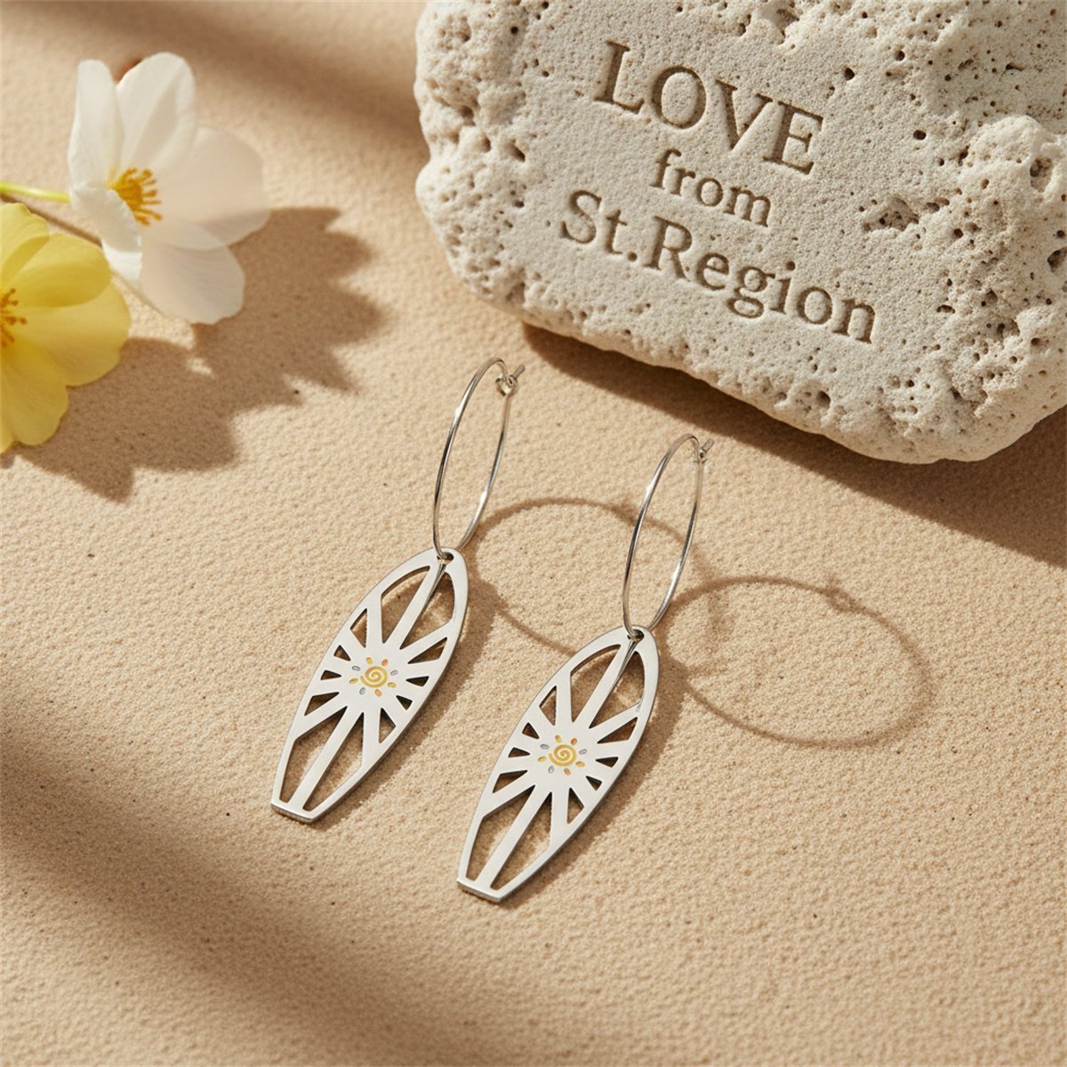 Enamel and Silver-Plated Sun Surfboard Drop Earrings, silver huggie earrings, botanical inspired, lifestyle look