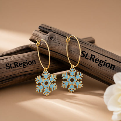 Lake Blue Enamel and 18K Gold-Plated Snowflake Drop Earrings, gold huggie earrings, elegant gift for her, front view