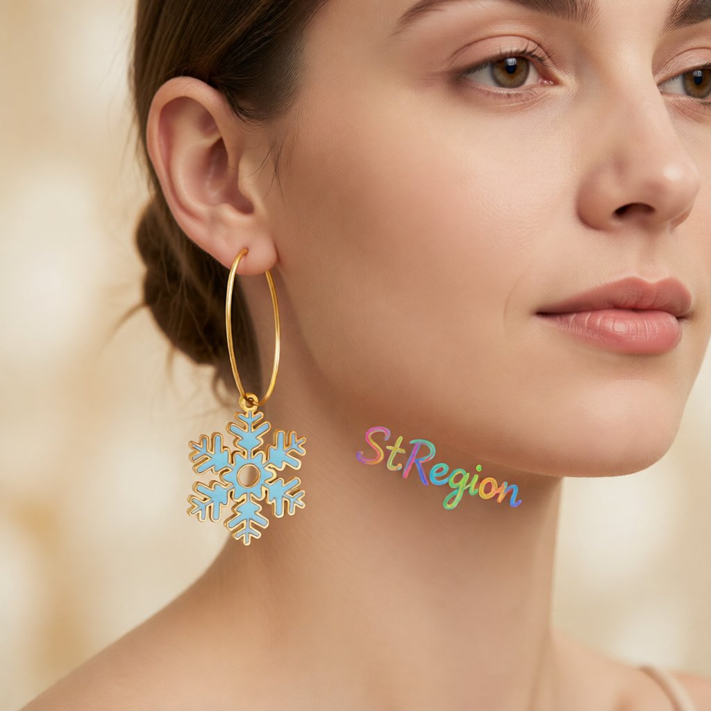 Lake Blue Enamel and 18K Gold-Plated Snowflake Drop Earrings, gold huggie earrings, elegant gift for her, styled look