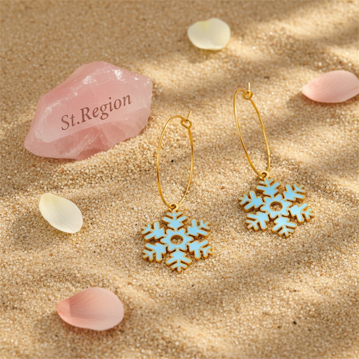 Lake Blue Enamel and 18K Gold-Plated Snowflake Drop Earrings, gold huggie earrings, elegant gift for her, detail close-up