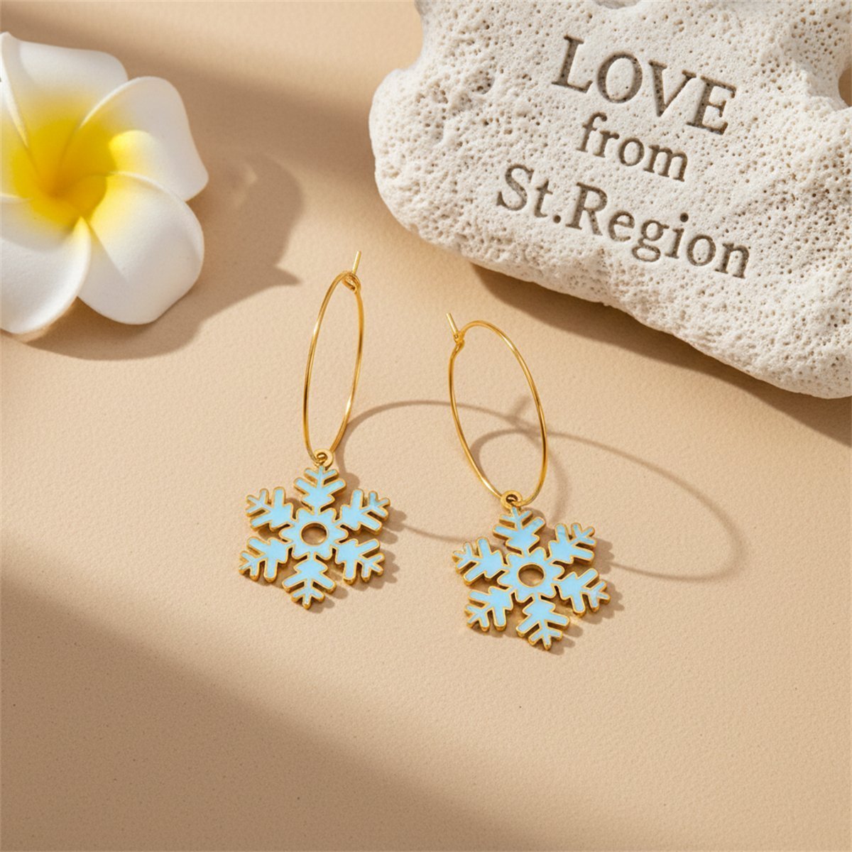 Lake Blue Enamel and 18K Gold-Plated Snowflake Drop Earrings, gold huggie earrings, elegant gift for her, lifestyle look