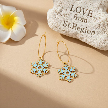 Lake Blue Enamel and 18K Gold-Plated Snowflake Drop Earrings, gold huggie earrings, elegant gift for her, lifestyle look