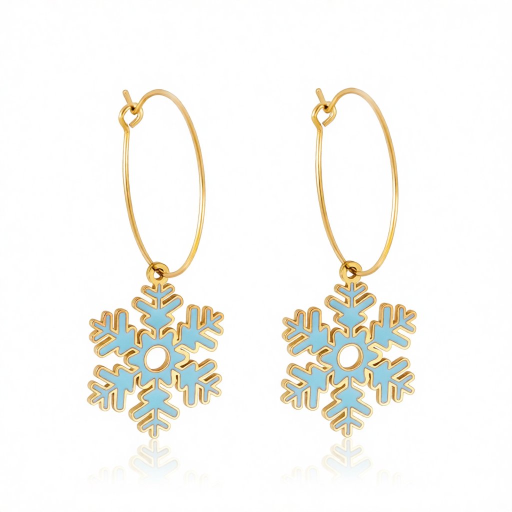 Lake Blue Enamel and 18K Gold-Plated Snowflake Drop Earrings, gold huggie earrings, elegant gift for her, side view