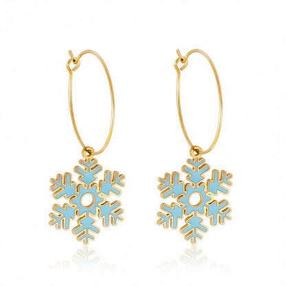 Lake Blue Enamel and 18K Gold-Plated Snowflake Drop Earrings, gold huggie earrings, elegant gift for her, side view