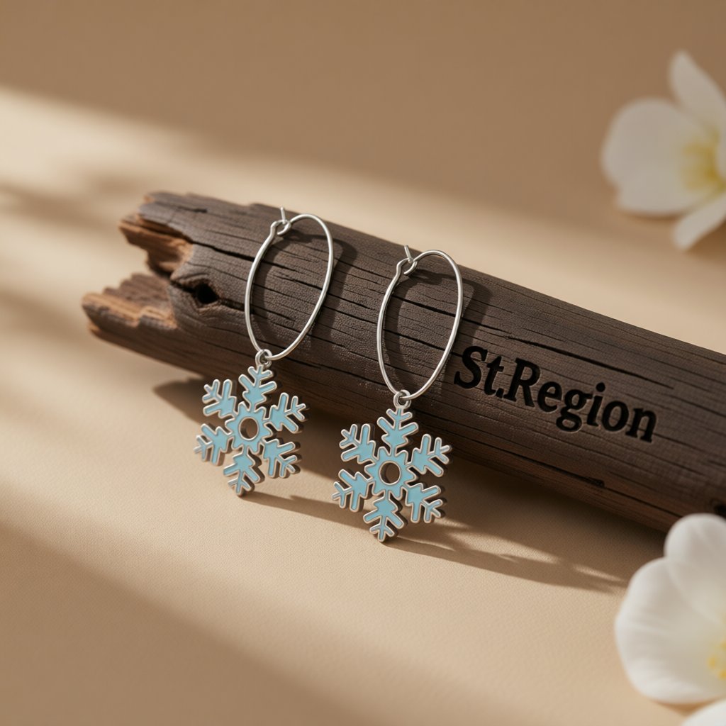 Lake Blue Enamel and Silver-Plated Snowflake Drop Earrings, silver huggie earrings, vintage-inspired design, front view