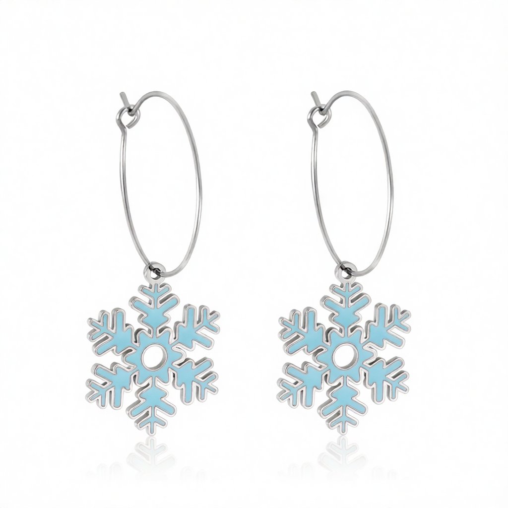 Lake Blue Enamel and Silver-Plated Snowflake Drop Earrings, silver huggie earrings, vintage-inspired design, side view