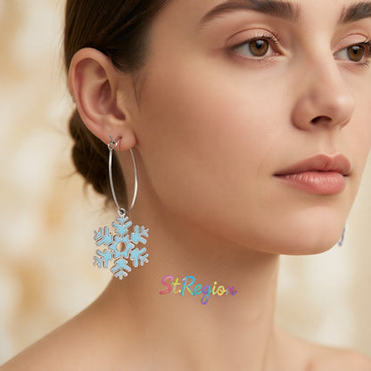 Lake Blue Enamel and Silver-Plated Snowflake Drop Earrings, silver huggie earrings, vintage-inspired design, styled look