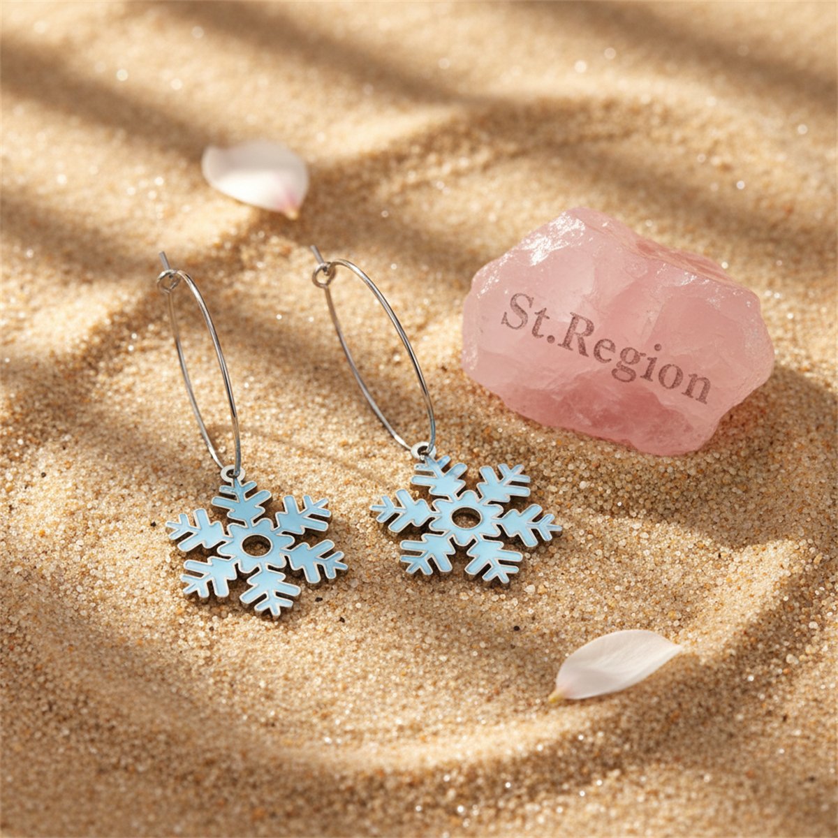 Lake Blue Enamel and Silver-Plated Snowflake Drop Earrings, silver huggie earrings, vintage-inspired design, detail close-up