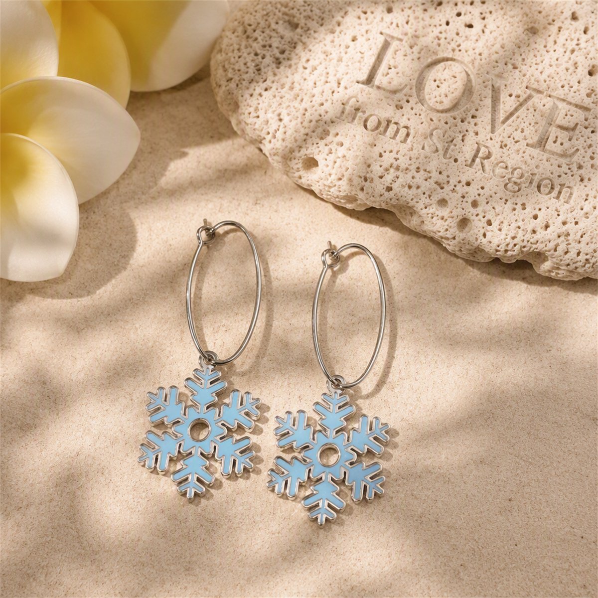 Lake Blue Enamel and Silver-Plated Snowflake Drop Earrings, silver huggie earrings, vintage-inspired design, lifestyle look