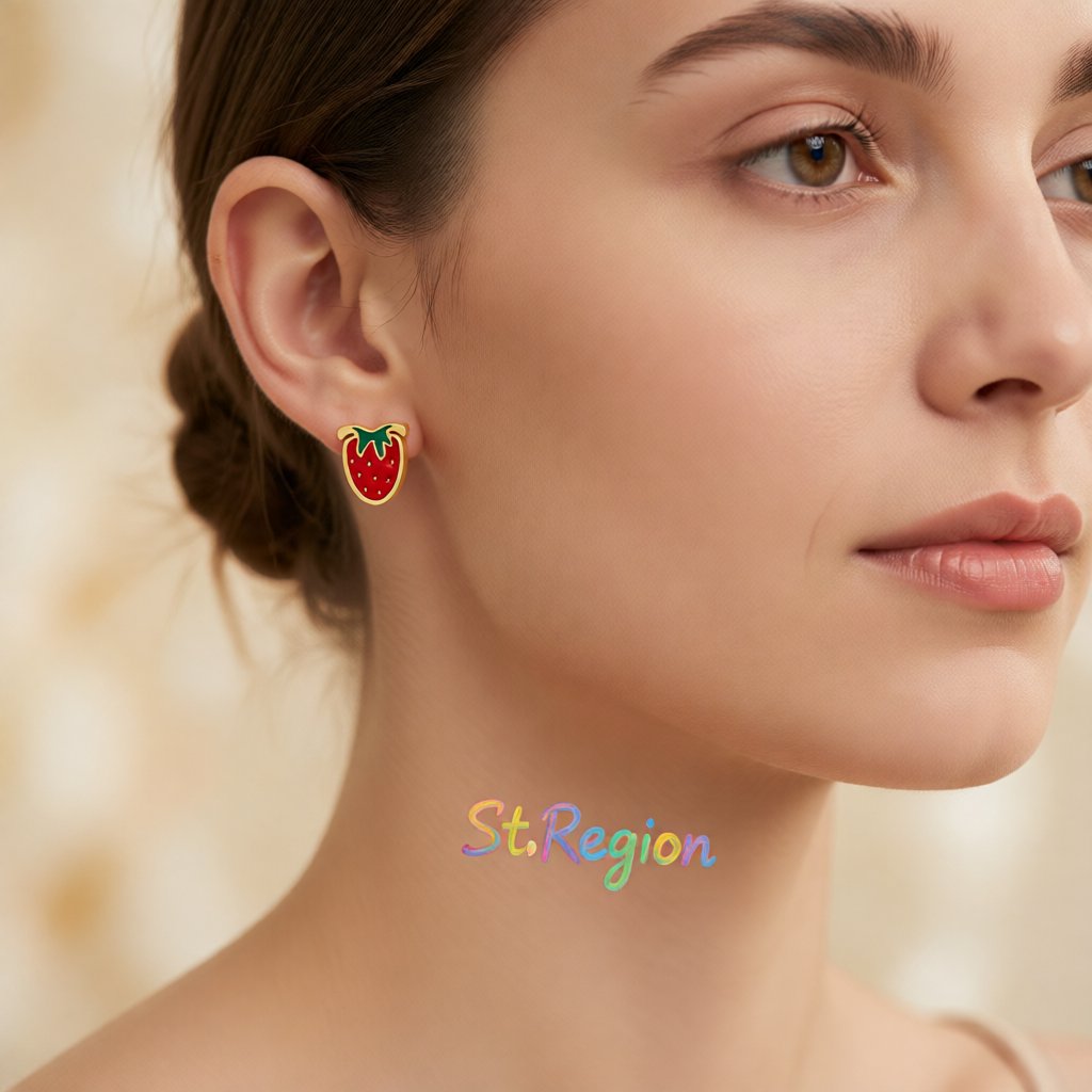 Red & Green Enamel 18K Gold-Plated Trawberry Stud Earrings