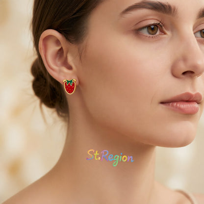 Red & Green Enamel 18K Gold-Plated Trawberry Stud Earrings
