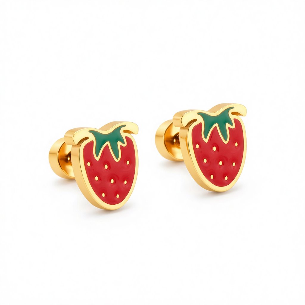 Red & Green Enamel 18K Gold-Plated Trawberry Stud Earrings