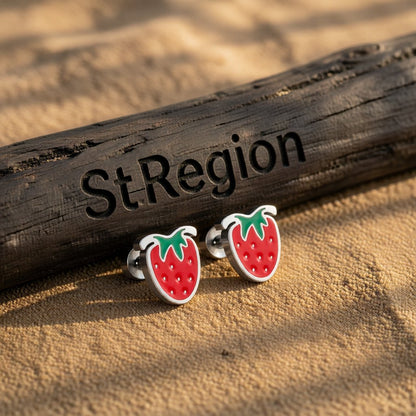 Red and Green Strawberry Stud Earrings, cubic zirconia stud earrings for women, vintage-inspired design, front view