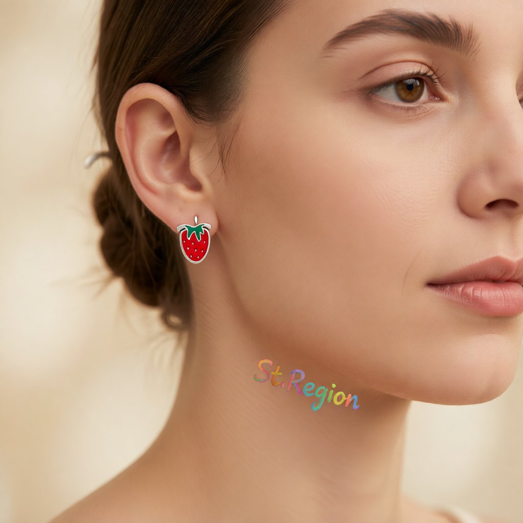 Red and Green Strawberry Stud Earrings, cubic zirconia stud earrings for women, vintage-inspired design, styled look
