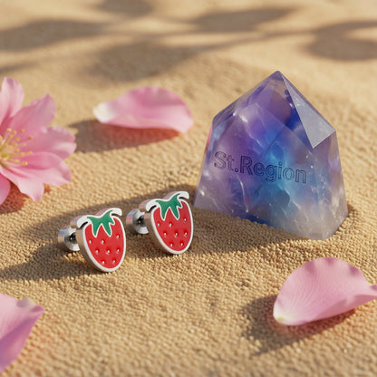 Red and Green Strawberry Stud Earrings, cubic zirconia stud earrings for women, vintage-inspired design, detail close-up