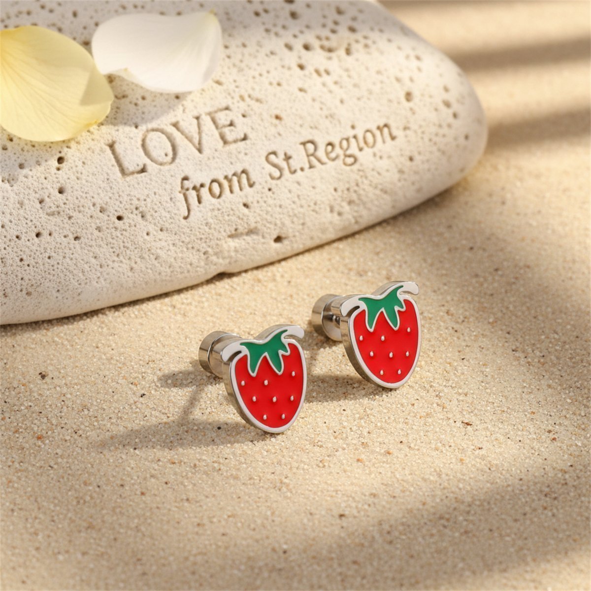 Red and Green Strawberry Stud Earrings, cubic zirconia stud earrings for women, vintage-inspired design, lifestyle look