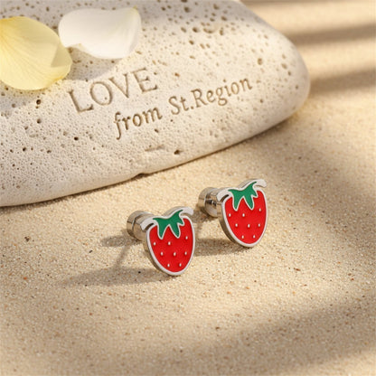 Red and Green Strawberry Stud Earrings, cubic zirconia stud earrings for women, vintage-inspired design, lifestyle look