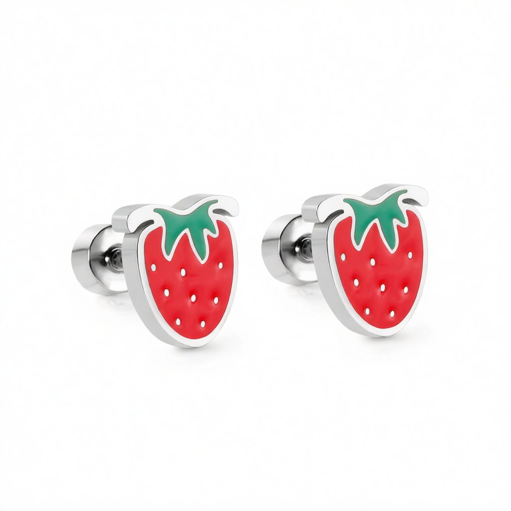 Red and Green Strawberry Stud Earrings, cubic zirconia stud earrings for women, vintage-inspired design, side view