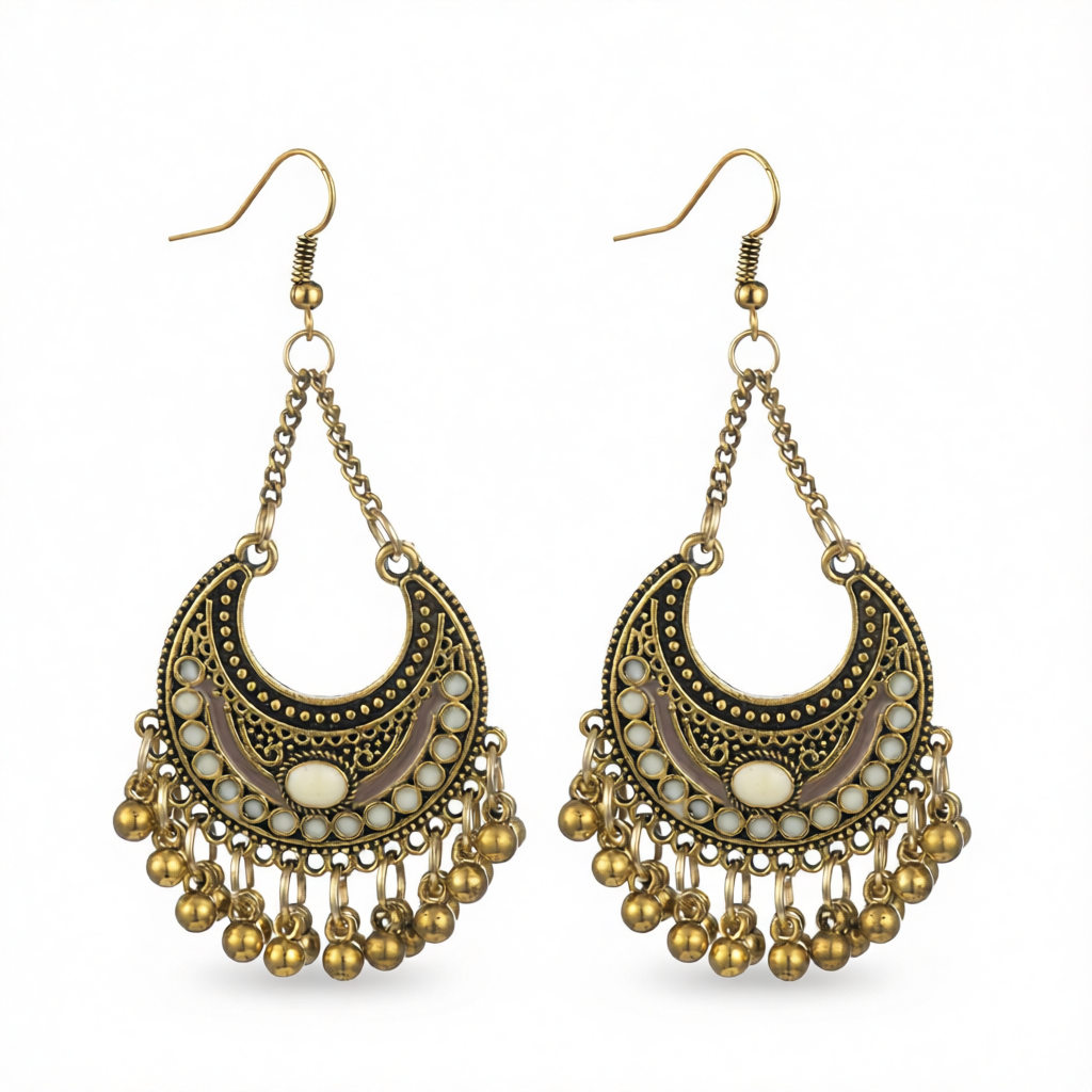 Beige Enamel & 18K Gold-Plated Ball-Detail Crescent Moon Drop Earrings