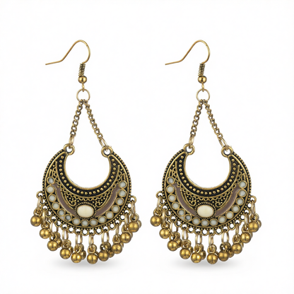 Beige Enamel & 18K Gold-Plated Ball-Detail Crescent Moon Drop Earrings