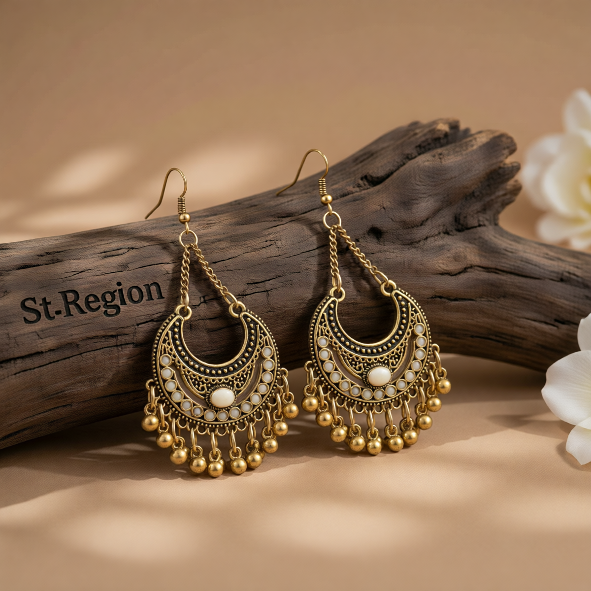 Beige Enamel & 18K Gold-Plated Ball-Detail Crescent Moon Drop Earrings