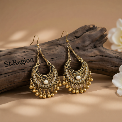 Beige Enamel & 18K Gold-Plated Ball-Detail Crescent Moon Drop Earrings