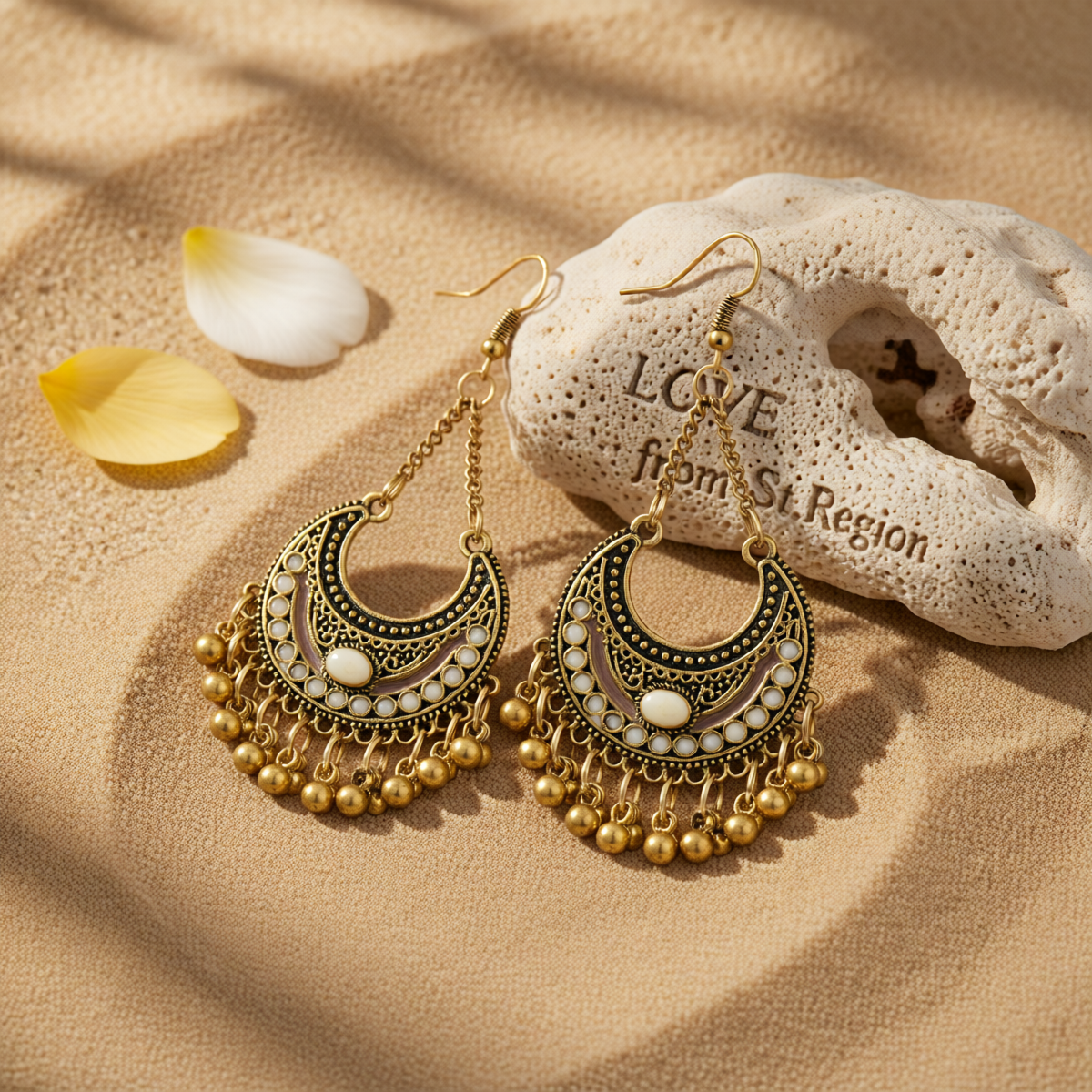 Beige Enamel & 18K Gold-Plated Ball-Detail Crescent Moon Drop Earrings