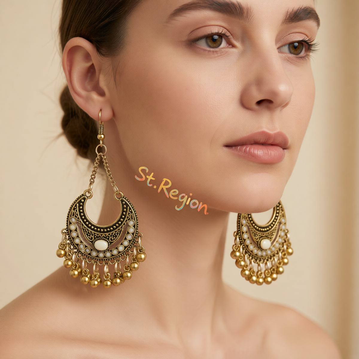 Beige Enamel & 18K Gold-Plated Ball-Detail Crescent Moon Drop Earrings
