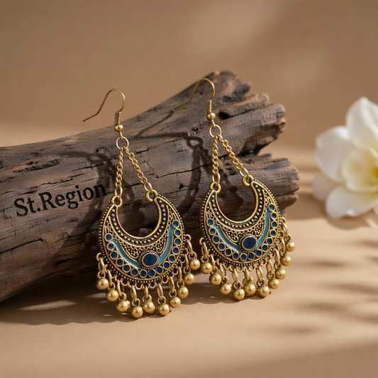 Dark Blue Enamel & 18K Gold-Plated Ball-Detail Crescent Moon Drop Earrings