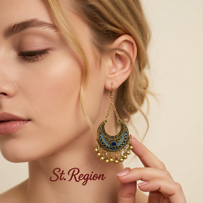 Dark Blue Enamel & 18K Gold-Plated Ball-Detail Crescent Moon Drop Earrings