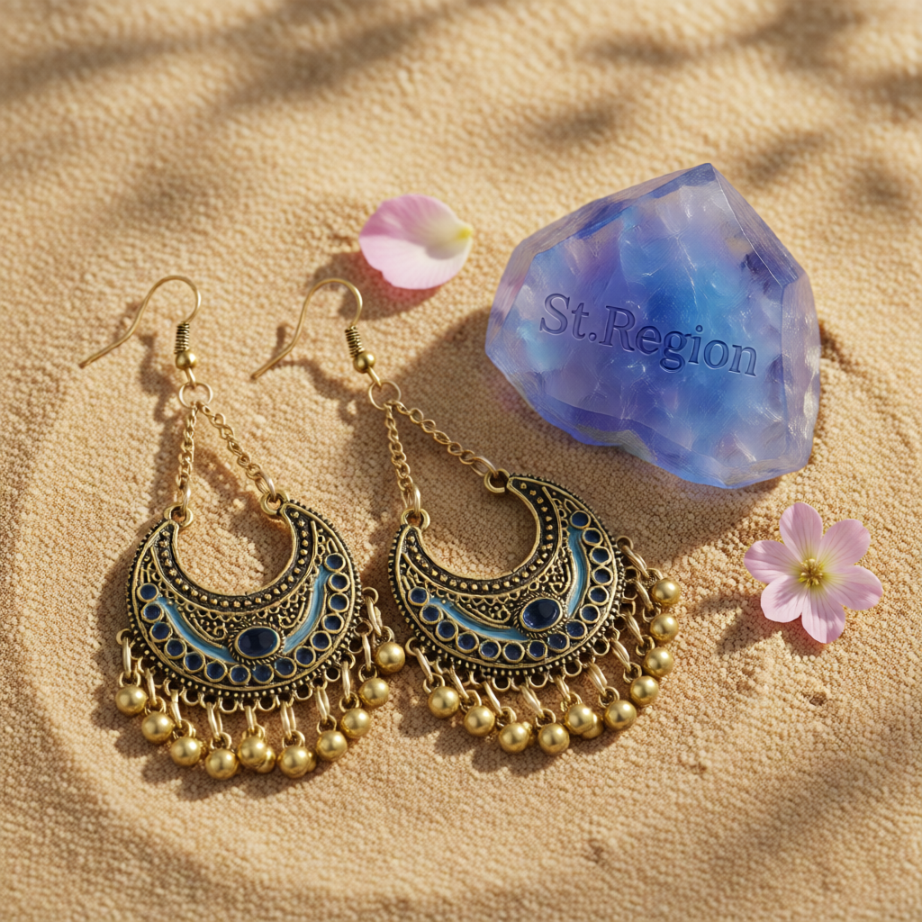 Dark Blue Enamel & 18K Gold-Plated Ball-Detail Crescent Moon Drop Earrings