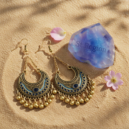 Dark Blue Enamel & 18K Gold-Plated Ball-Detail Crescent Moon Drop Earrings