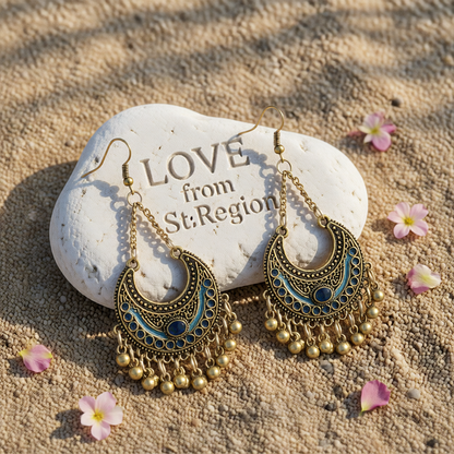 Dark Blue Enamel & 18K Gold-Plated Ball-Detail Crescent Moon Drop Earrings