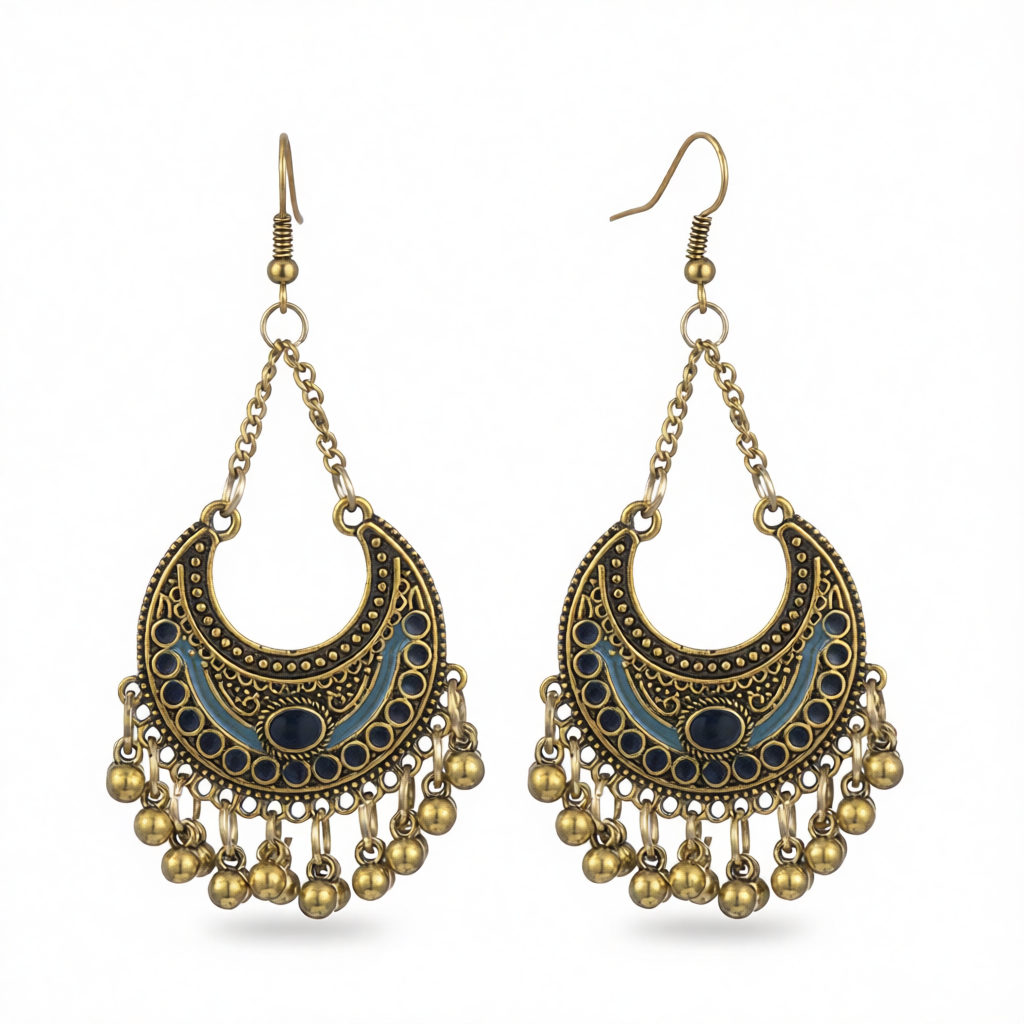 Dark Blue Enamel & 18K Gold-Plated Ball-Detail Crescent Moon Drop Earrings
