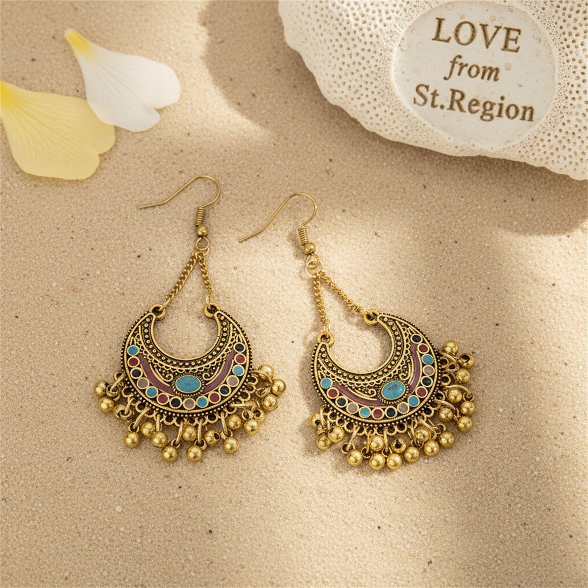 Colored Enamel and 18K Gold-Plated Ball-Detail Crescent Moon Drop Earrings, gold drop earrings for women, lifestyle look