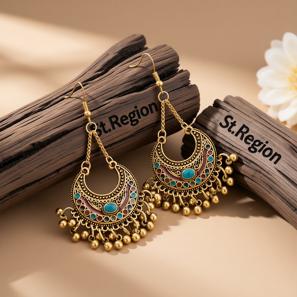 Colored Enamel and 18K Gold-Plated Ball-Detail Crescent Moon Drop Earrings, gold drop earrings for women, front view